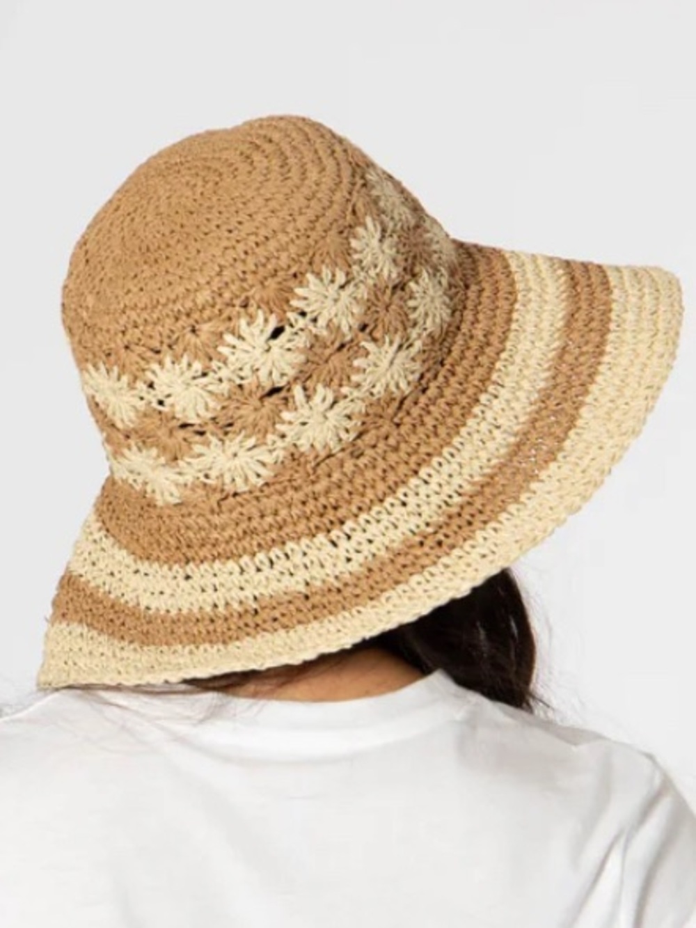 Women's Tan Striped & Floral Crochet Bucket Hat Four Buttons by San Diego Hat Co